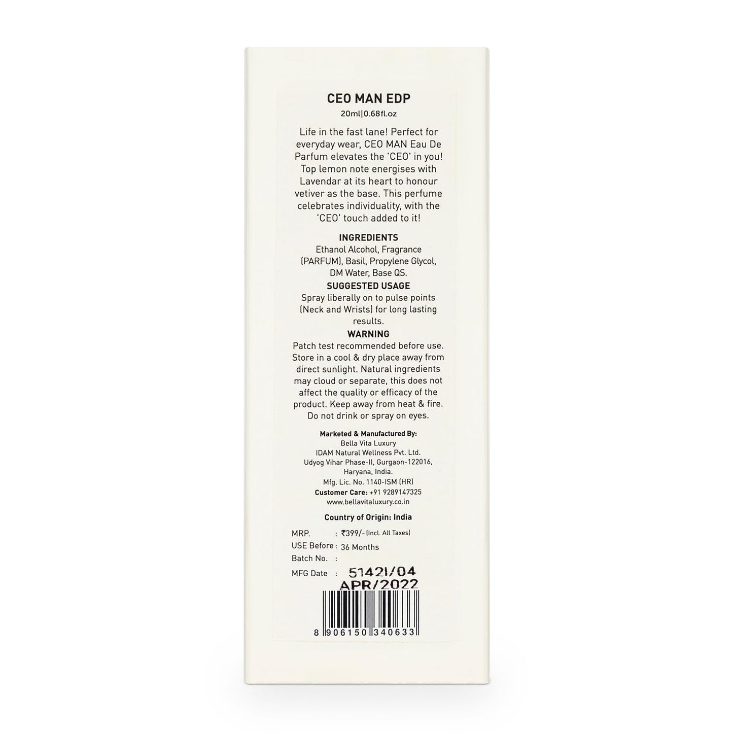 Back label of a perfume bottle with text and branding on a white background