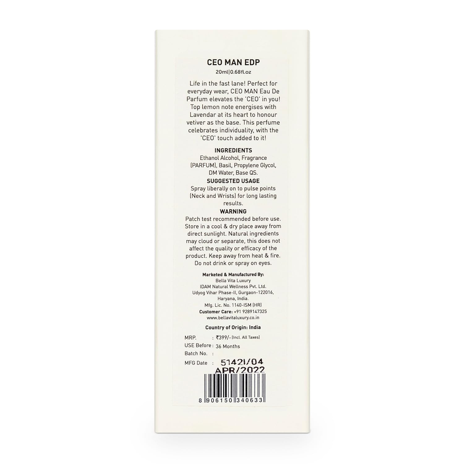 Back label of a perfume bottle with text and branding on a white background