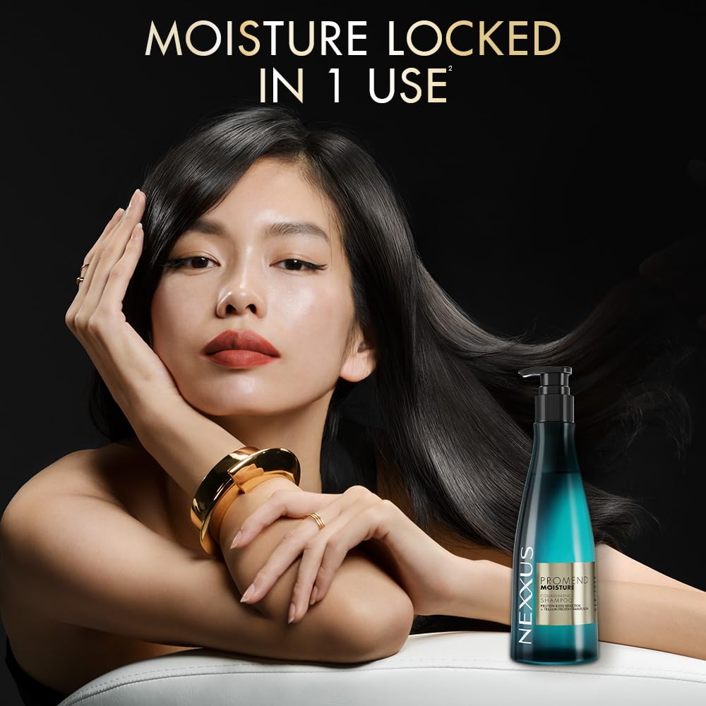 Woman with long, healthy hair next to a Nexxus shampoo bottle on a black background