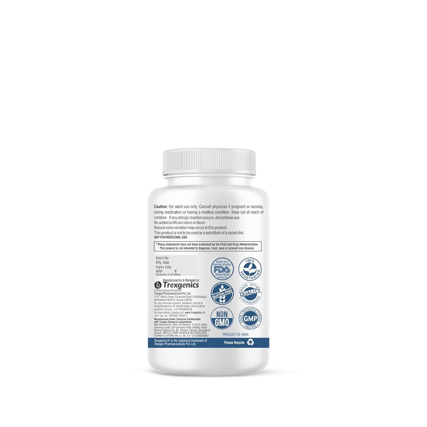 White supplement bottle with label on a white background