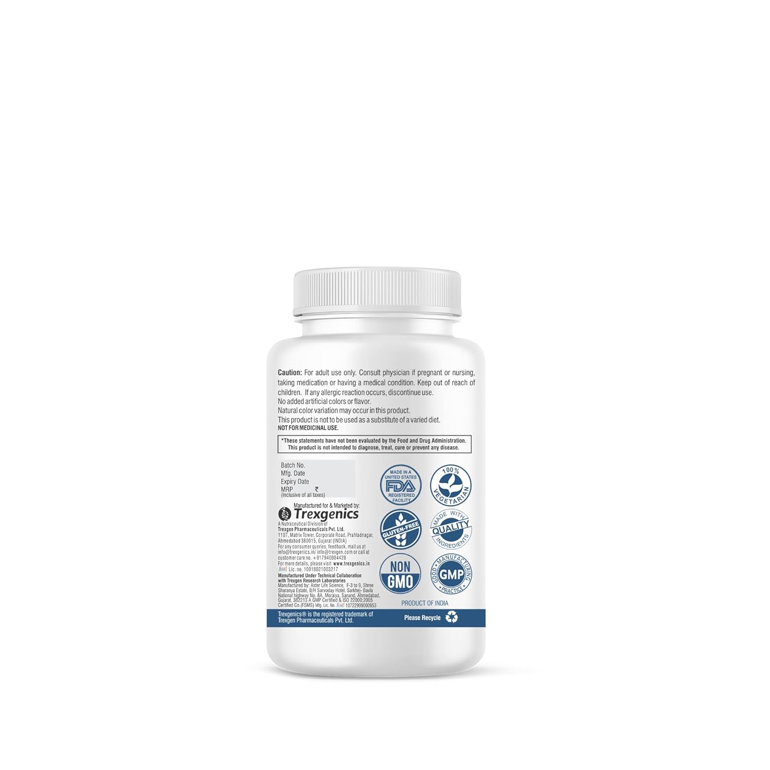 White supplement bottle with label on a white background