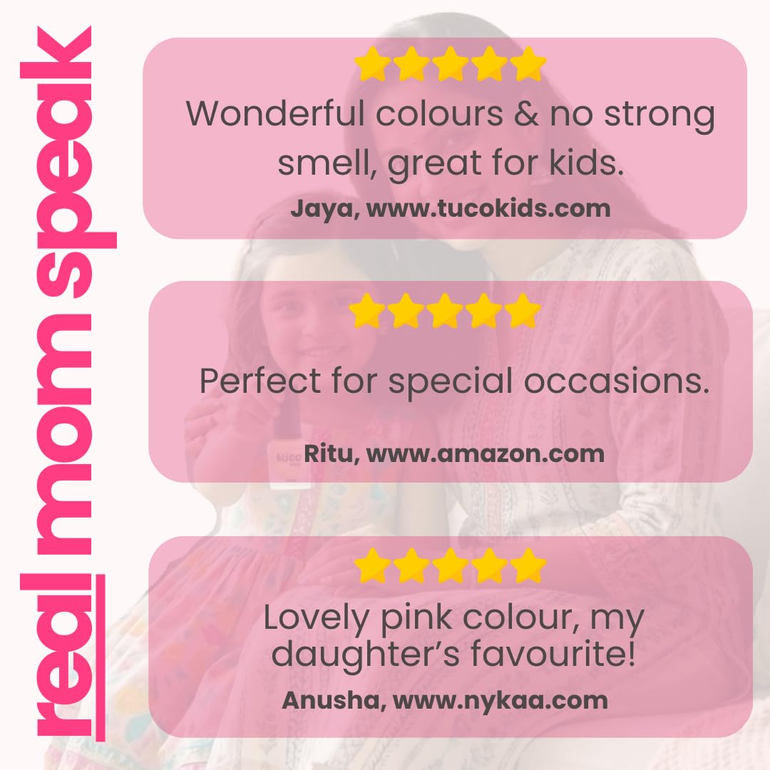 Product with customer reviews on a pink background, featuring the brand 'real mom speak'.