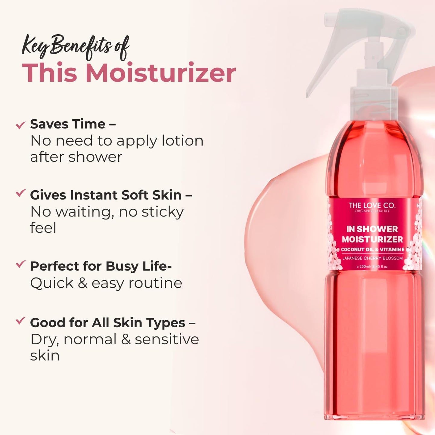 The Love Co Japanese Cherry Blossom In-Shower Moisturizer | Body Lotion-Like Hydration Spray | Fast-Absorbing, Non-Greasy Shower Moisturizer for Dry Skin | Coconut Oil & Shea Butter | 250ml