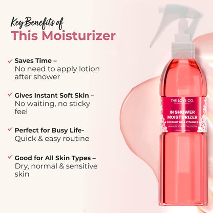 The Love Co Japanese Cherry Blossom In-Shower Moisturizer | Body Lotion-Like Hydration Spray | Fast-Absorbing, Non-Greasy Shower Moisturizer for Dry Skin | Coconut Oil & Shea Butter | 250ml