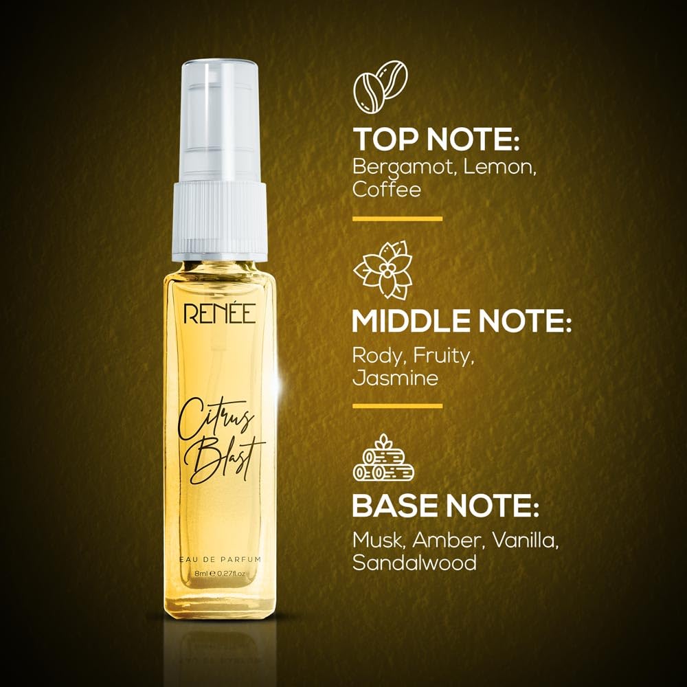 RENEE Citrus Blast Eau De Parfum, Premium Long-Lasting Fragrance with Notes of Bergamot, Lemon, Rose, Jasmine & Musk, Scent EDP for Every Occasion, Gifting, Ideal Luxury Perfume for Women, 8 Ml