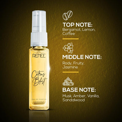 RENEE Citrus Blast Eau De Parfum, Premium Long-Lasting Fragrance with Notes of Bergamot, Lemon, Rose, Jasmine & Musk, Scent EDP for Every Occasion, Gifting, Ideal Luxury Perfume for Women, 8 Ml