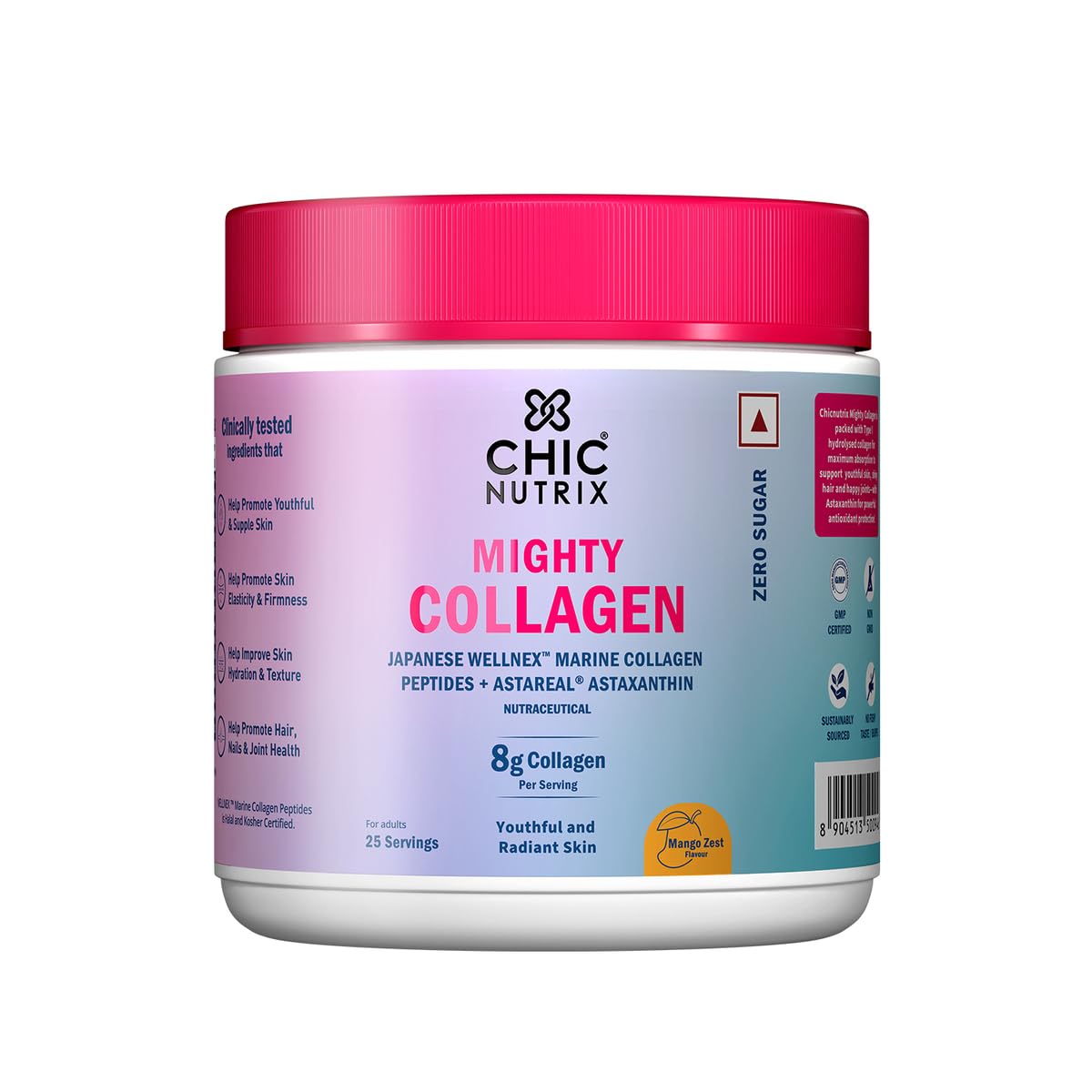 Chicnutrix Marine Collagen Supplements Powder for Women & Men | 8000mg Japanese Wellnex Marine Collagen Peptides, AstaReal Astaxanthin | Zero Sugar, Fast Absorption & No Fishy Aftertaste | Mango Flavour, 25 Servings