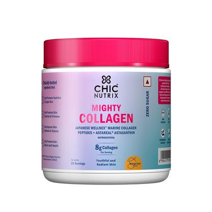 Chicnutrix Marine Collagen Supplements Powder for Women & Men | 8000mg Japanese Wellnex Marine Collagen Peptides, AstaReal Astaxanthin | Zero Sugar, Fast Absorption & No Fishy Aftertaste | Mango Flavour, 25 Servings