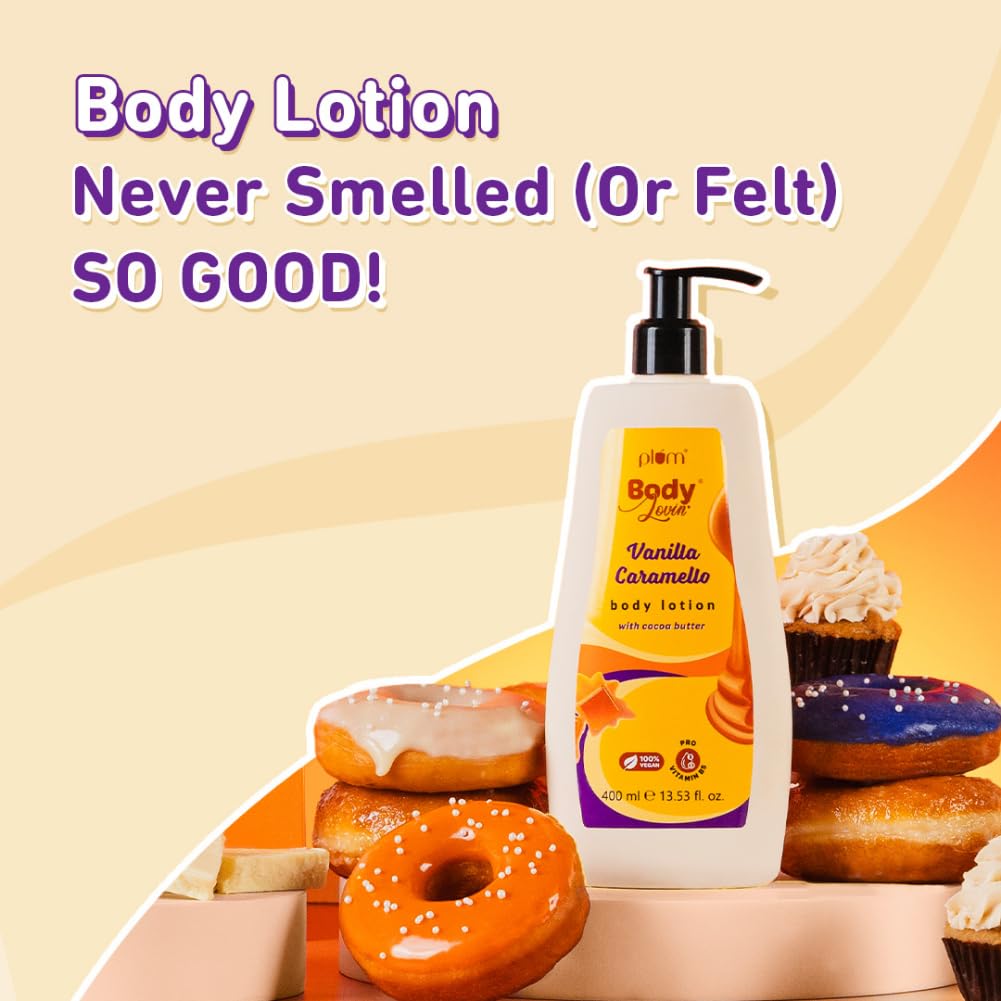 Plum BodyLovin' Vanilla Caramello Body Lotion | Cocoa Butter & Vitamin B5 for Deep Moisturization | Non-Greasy | Soft & Glowing Skin | for Dry to Very Dry Skin | Warm & Cozy Vanilla Fragrance - 400ml