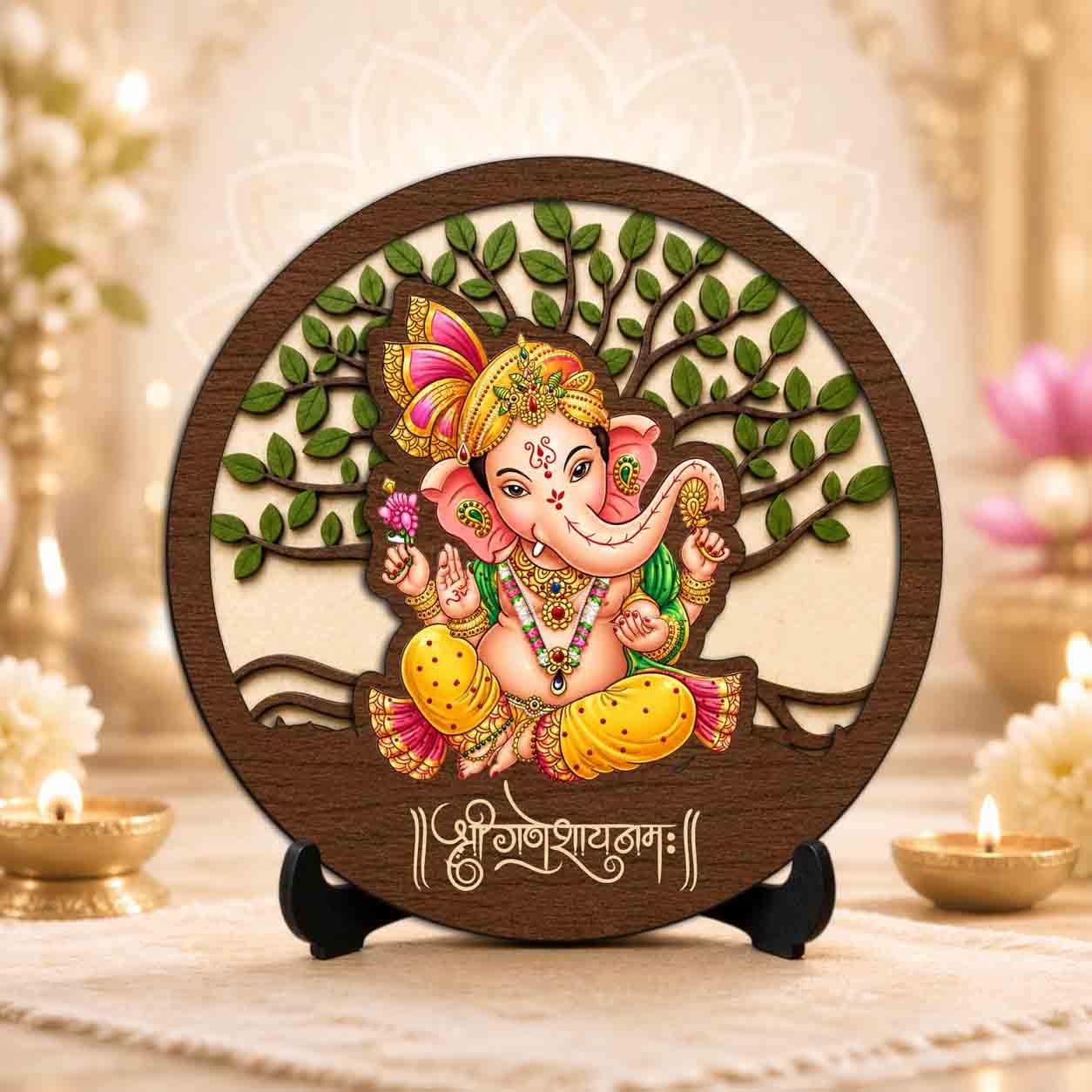 Plan To Gift Ganesh Ji Wooden Idol with Stand for Home Temple, Puja Room, Office Desk & Indoor Mandir Decor - 5x5 Inch