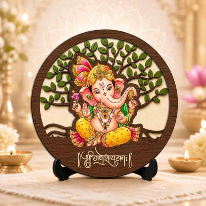 Plan To Gift Ganesh Ji Wooden Idol with Stand for Home Temple, Puja Room, Office Desk & Indoor Mandir Decor - 5x5 Inch