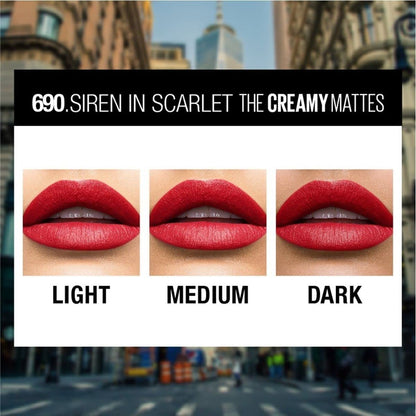 Maybelline New York Color Sensational Creamy Matte Lipstick lasts up to 12 Hours, Hydrate Lips, Rich Creamy Lipstick with Shea Butter, Available in 42 Shades - 690 Siren in Scarlet, 3.9g