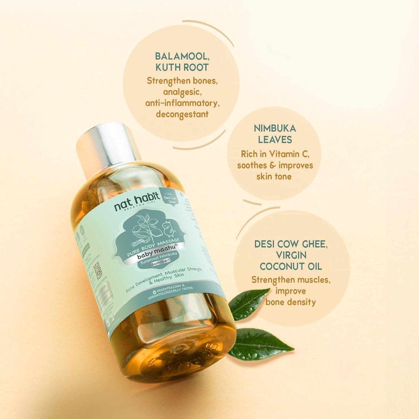 Nat Habit Baby Massage Oil Summer Maahu Balamool Nimbuka For Bone Development, Muscular Strength & Healthy Skin - Suitable For Ages 0 to 12 years - Zero Chemicals & Preservatives - 100ml