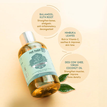 Nat Habit Baby Massage Oil Summer Maahu Balamool Nimbuka For Bone Development, Muscular Strength & Healthy Skin - Suitable For Ages 0 to 12 years - Zero Chemicals & Preservatives - 100ml