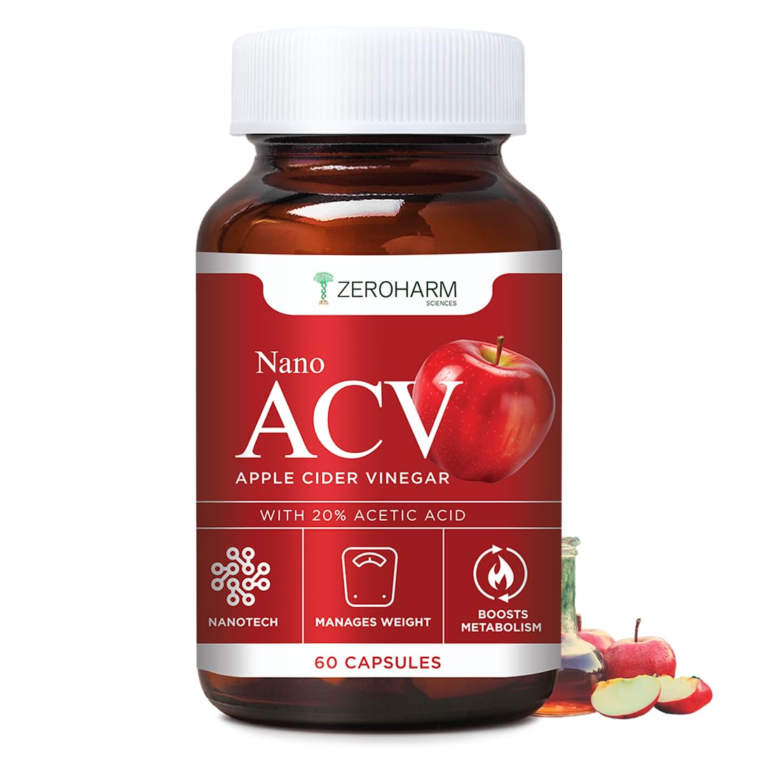 ZEROHARM Nano Apple Cider Vinegar (ACV) 500mg with 20% Acetic Acid | Supports Metabolism, Cravings & Appetite Control | Aids Gut Health, Digestion & Weight Management | Men & Women | 60 Capsules