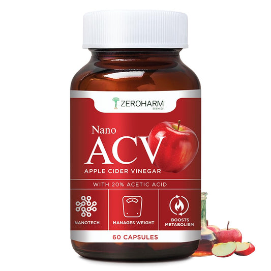 ZEROHARM Nano Apple Cider Vinegar (ACV) 500mg with 20% Acetic Acid | Supports Metabolism, Cravings & Appetite Control | Aids Gut Health, Digestion & Weight Management | Men & Women | 60 Capsules