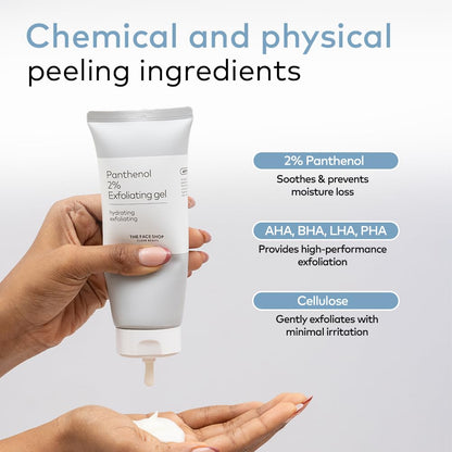 Hand holding a tube of Panthenol 2% Exfoliating Gel with text about chemical and physical peeling ingredients on a light gray background.