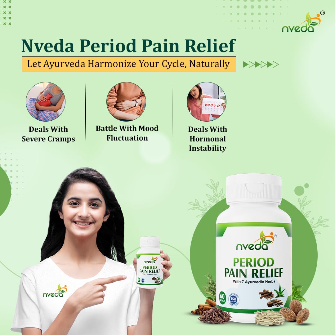 Nveda Natural Menstrual/Period Pain Relief with 7 Ayurvedic Herbs, Helps to Reduce Menstrual/Period Cramps & Pain, Relieves Stress & Anxiety, Irritability & Increases Energy for Women - 60 Capsules