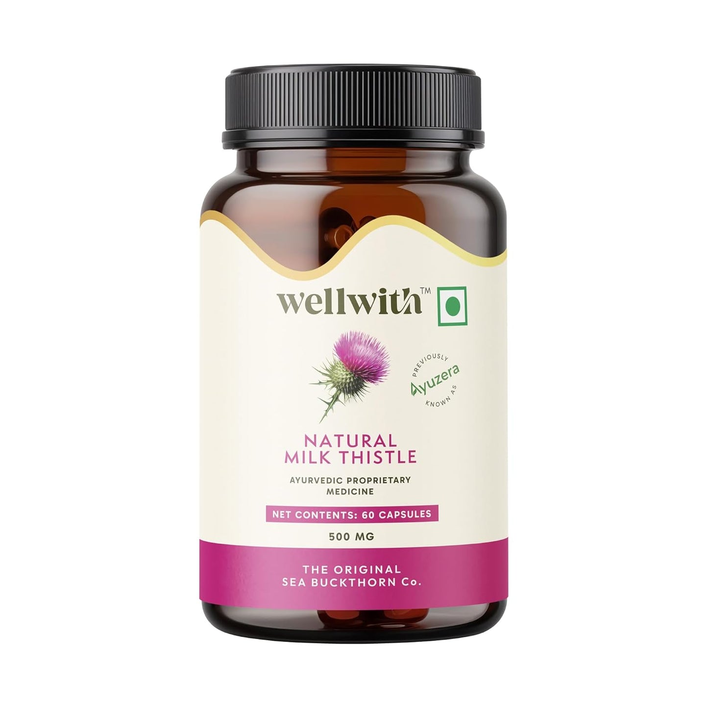 Wellwith (Ayuzera) Natural Milk Thistle 500mg – 60 Veg Capsules (Pack of 1) | Supports Liver Health, Detox & Metabolism | Pure Herbal Supplement