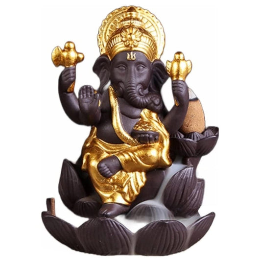Resin Ganesha Backflow Smoke Fountain- with 10 Free Cone Polyresin Ganpati Bappa for Temple Showpiece | Gift & Office Desk Balcony Decorative Item Home Dcor - Black & Golden