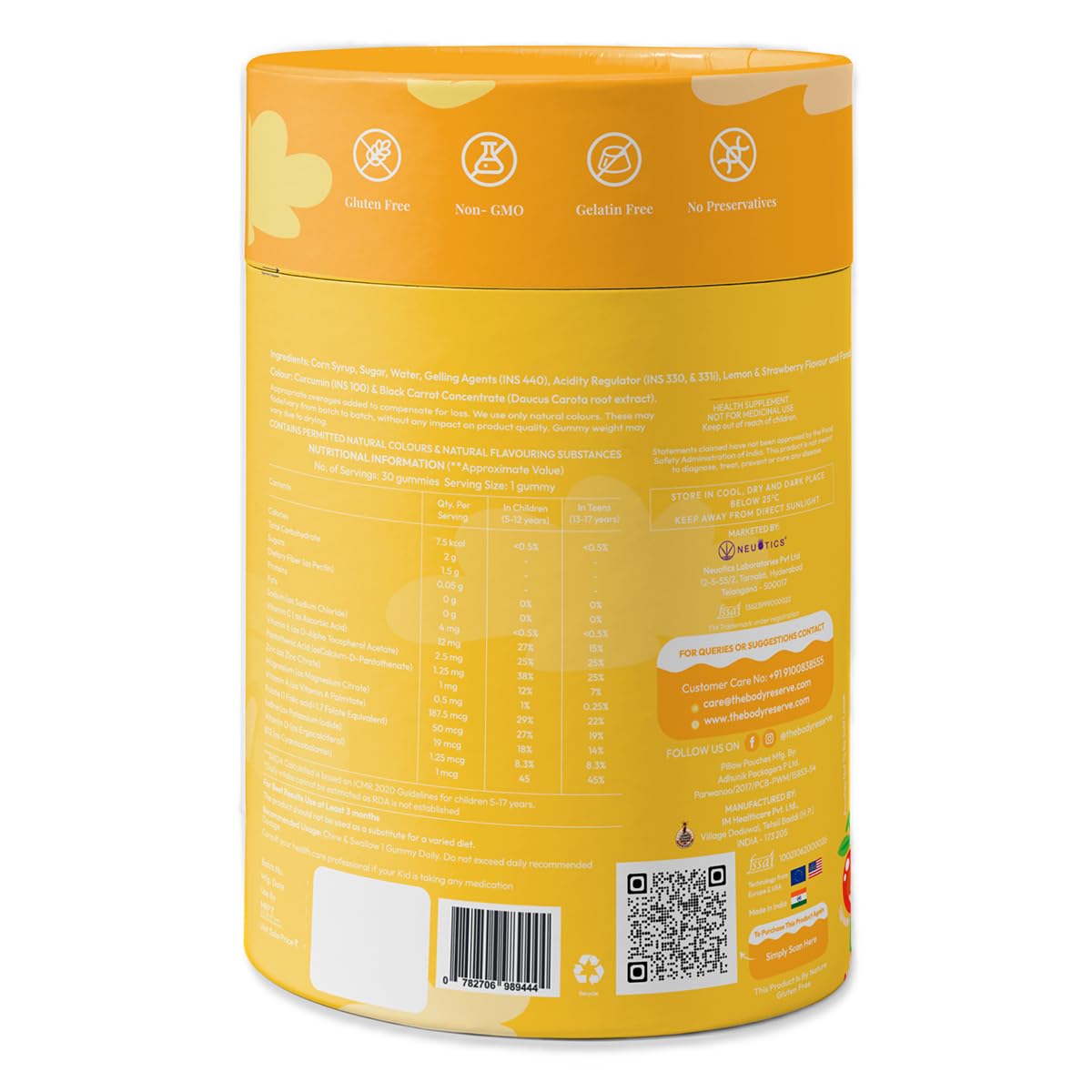 Yellow cylindrical container with nutritional information and QR code on a white background