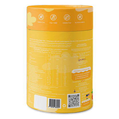 Yellow cylindrical container with nutritional information and QR code on a white background