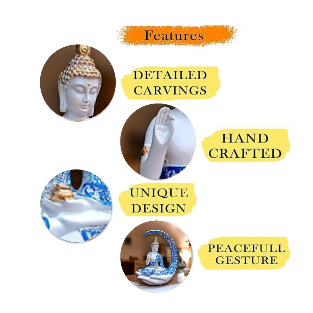 Blue & White Meditating Buddha Idol – Resin Showpiece with Moon & Lotus Hand Base for Home Decor, Office & Spiritual Gift