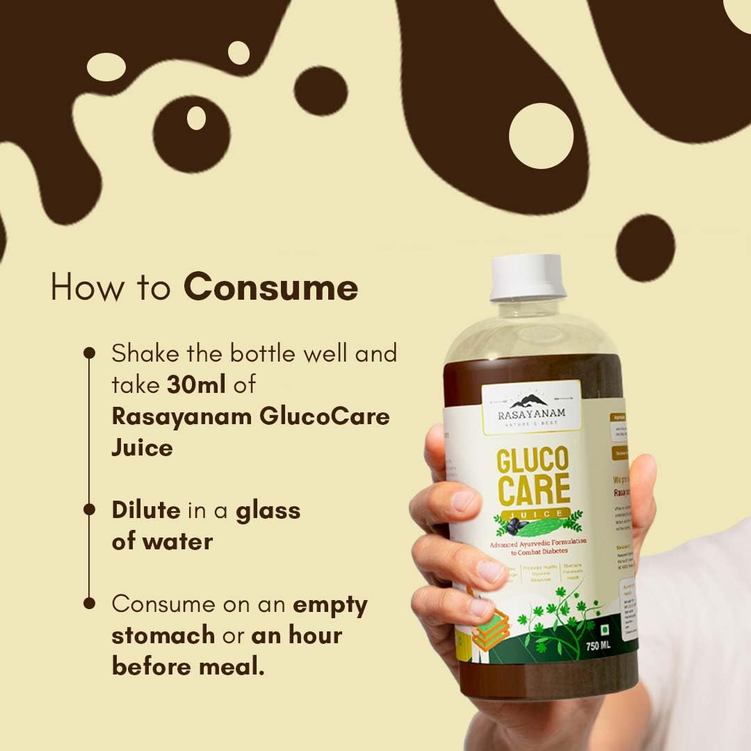 Rasayatan GlucoCare juice bottle with consumption instructions on a beige background