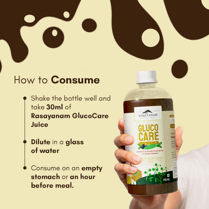 Rasayatan GlucoCare juice bottle with consumption instructions on a beige background