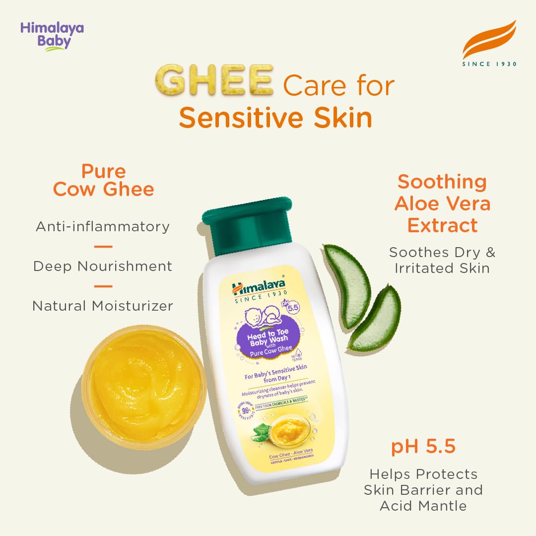 Himalaya Head to Toe Baby Wash with Pure Cow Ghee 400ml | ph 5.5 | Aloe vera | Soap free | Safe for newborns | For baby's sensitive skin from day 1 | No Parabens | No Phthalates | No Sulphates | Pediatrician evaluated