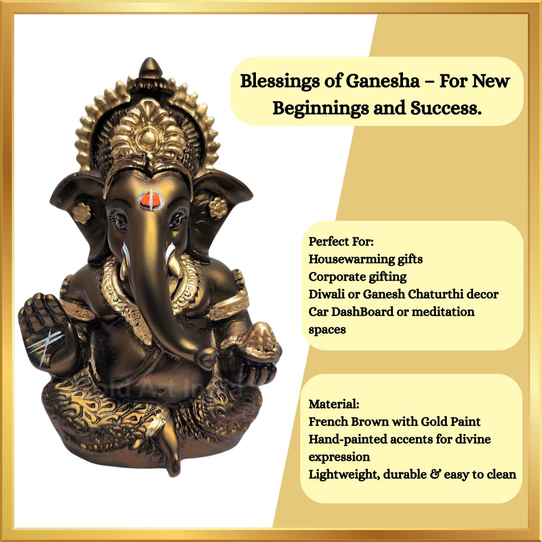Gold Art India Handcrafted French Brown Mukut Ganesha Idol (3.5") - Perfect for Car Dashboard, Home or Office Decor and Gifting, Idol