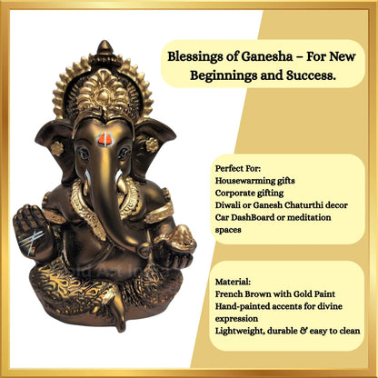 Gold Art India Handcrafted French Brown Mukut Ganesha Idol (3.5") - Perfect for Car Dashboard, Home or Office Decor and Gifting, Idol