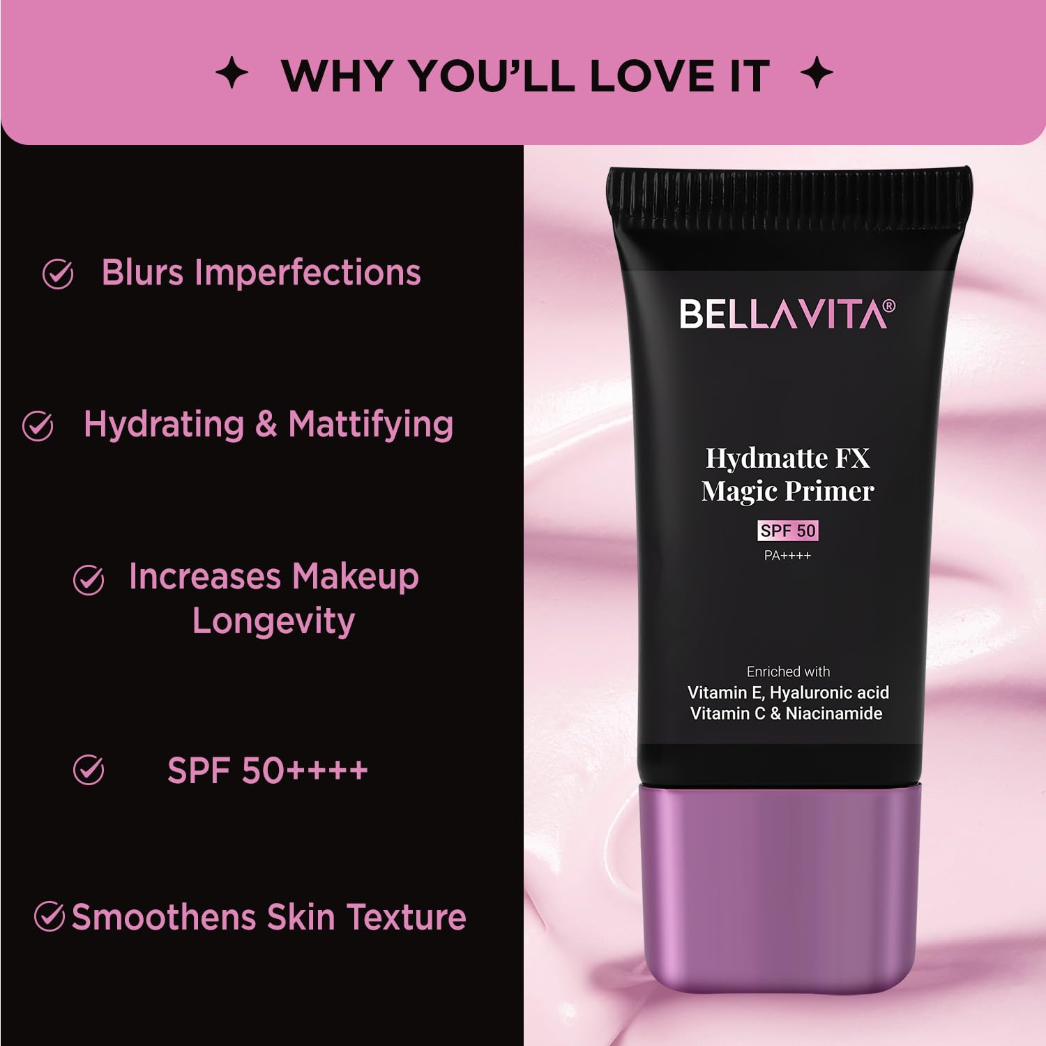 Bellavita Hydmatte FX Magic Primer tube with features listed on a pink background