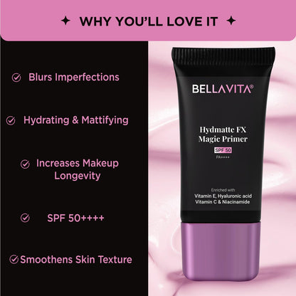 Bellavita Hydmatte FX Magic Primer tube with features listed on a pink background