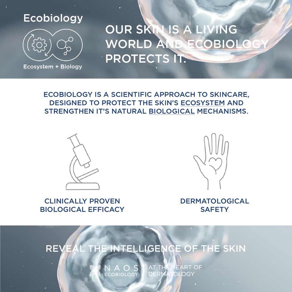 Advertisement for Ecobiology skincare with text and icons on a gray background