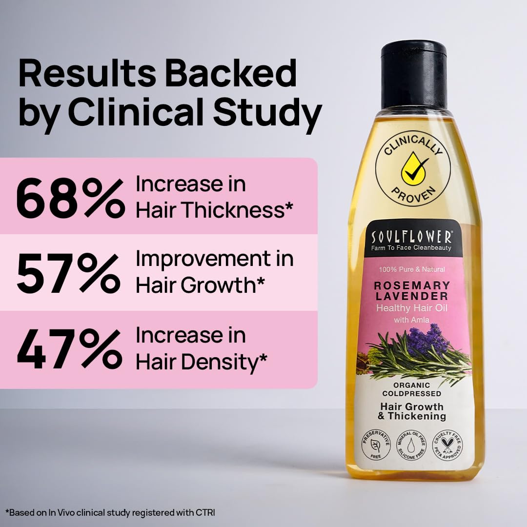 Soulflower Rosemary Hair Growth Oil, Hair Fall Control, Healthy Scalp, Strong Hair, Rosemary, Lavender, Castor|100% Pure, Natural, Organic, Clinically Proven for Hair Growth, 225ml