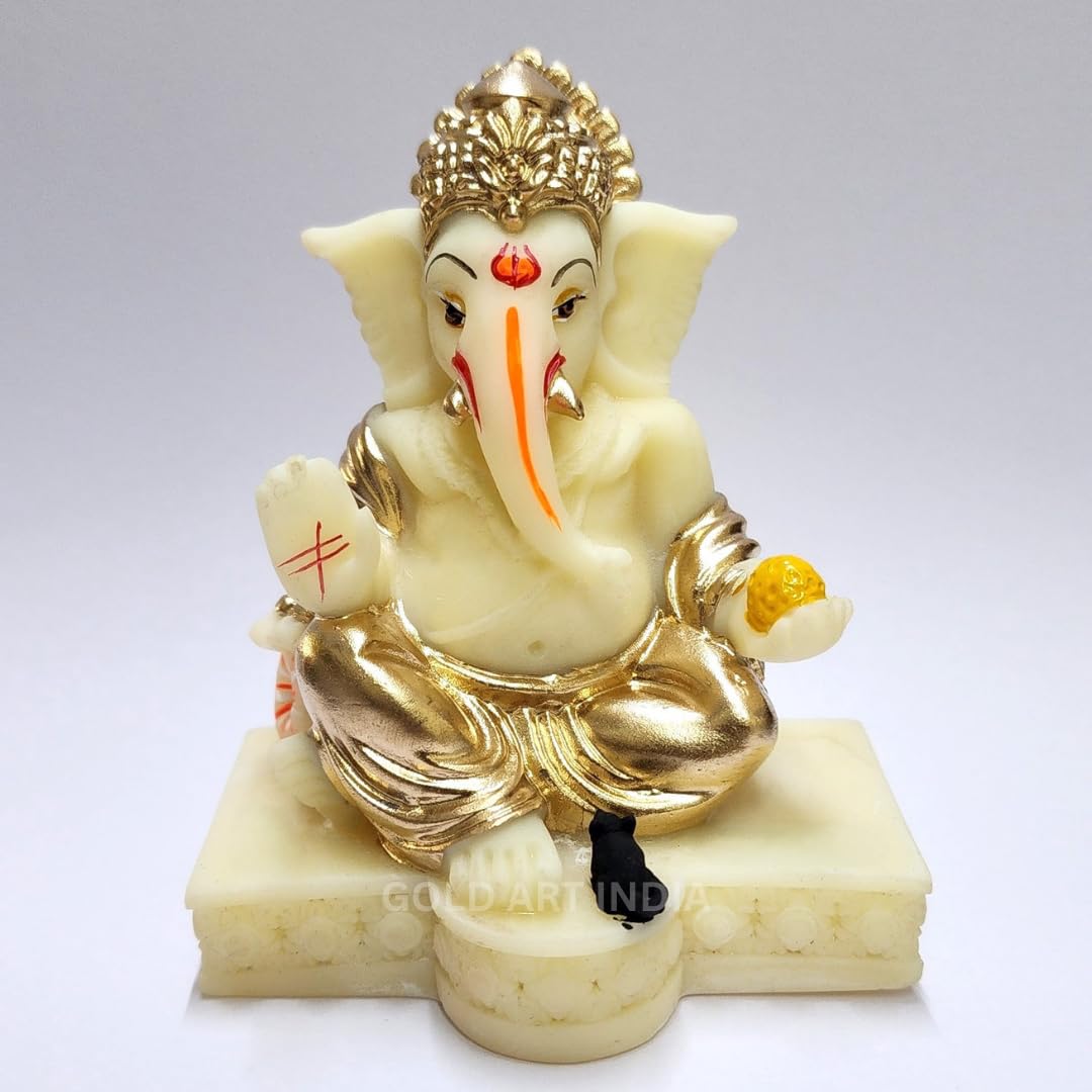 Gold Art India Gaddi Ganesha Idol for Home Decor | Peach Terracotta Finish with Gold Colour Mukut & Ornaments – 3.5 Inch Ganpati Statue for Car Dashboard, Home Decor, Puja, Office Desk