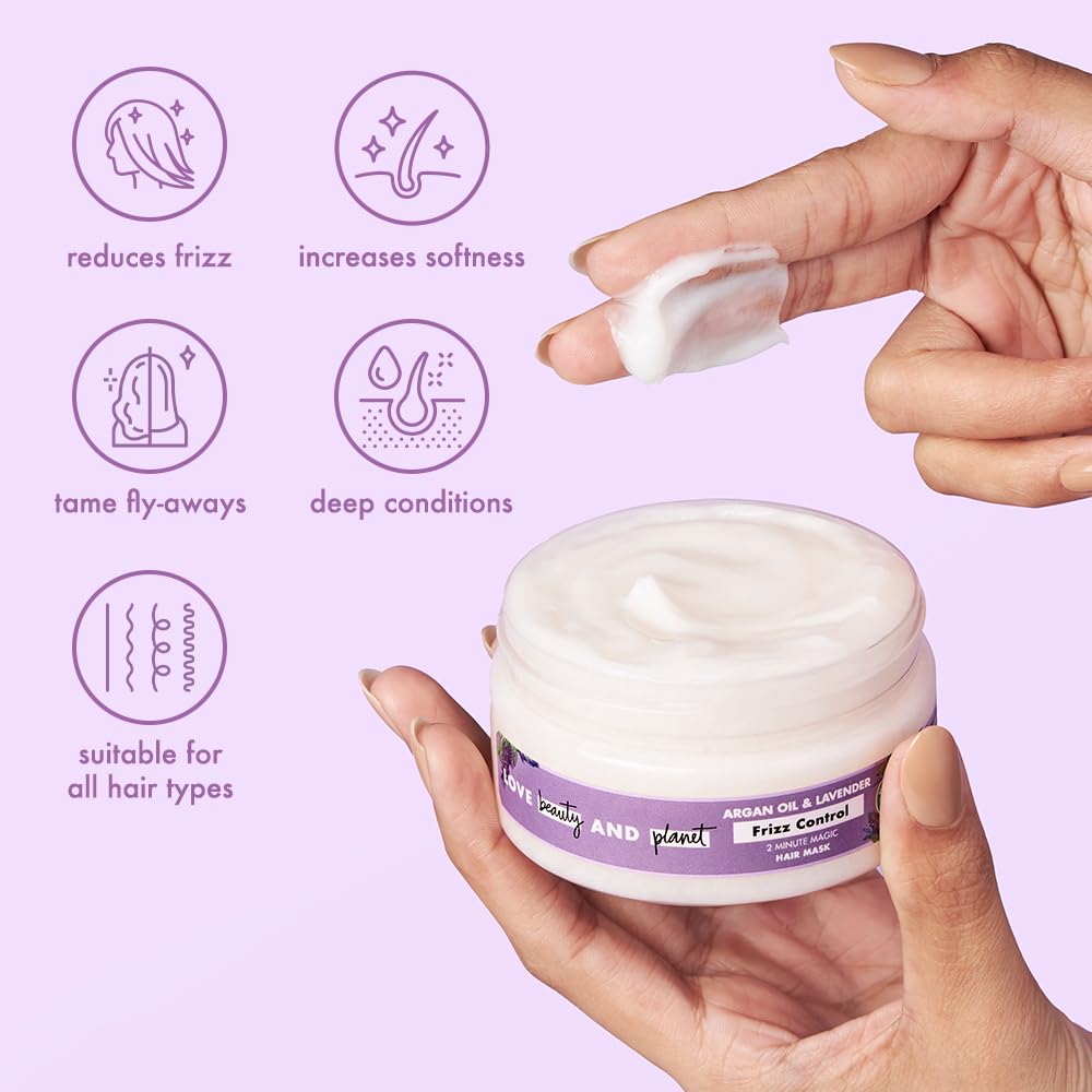 Hand holding a jar of hair product with a purple background and text highlighting benefits.
