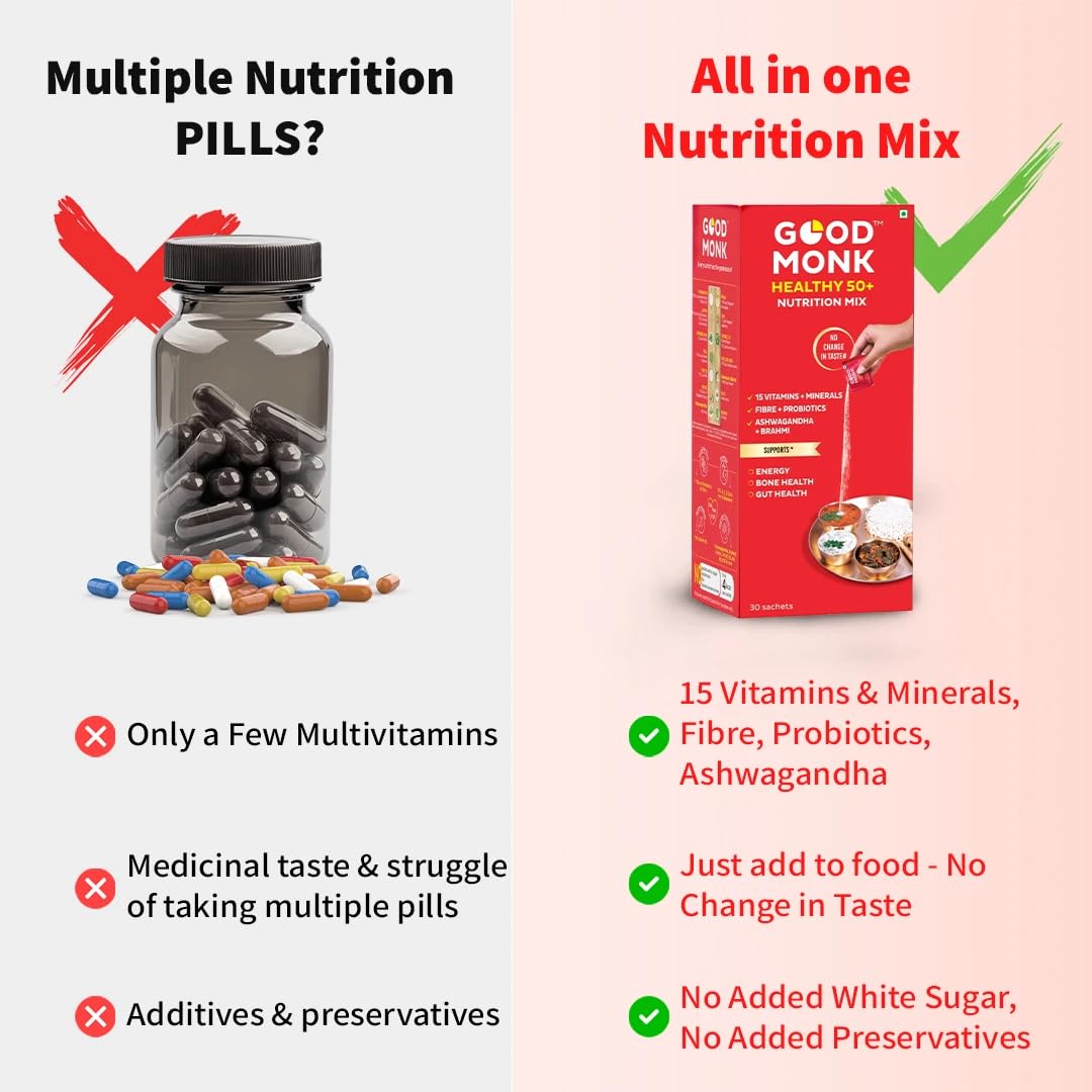Good Monk Healthy 50+ Multivitamin for Senior Men & Women | For Energy, Bone & Gut Health | With Probiotics, Fibre, Ashwagandha, Vit. B12, C, D, Iron, Zinc | Add To Food - No Taste Change | 15 Sachets