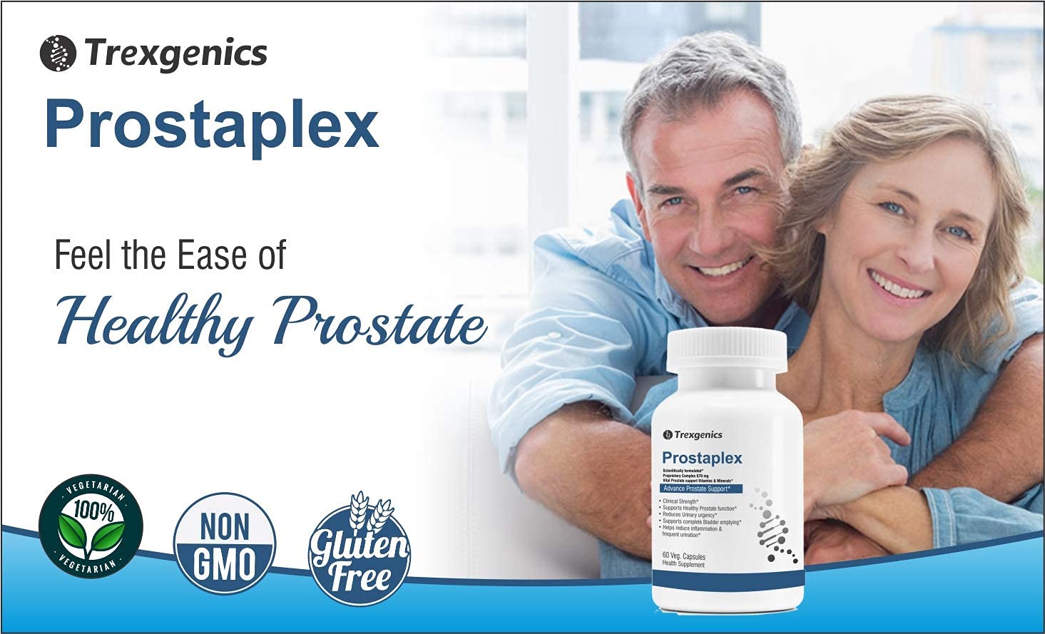 Advertisement for Trexgenics Prostaplex with a couple smiling and a bottle of Prostaplex in the foreground.