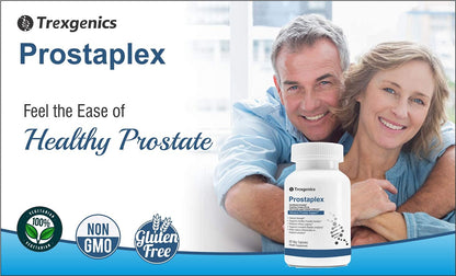 Advertisement for Trexgenics Prostaplex with a couple smiling and a bottle of Prostaplex in the foreground.