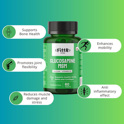 FittR Bites Glucosamine Tablets for Joint Support Supplement| with MSM Calcium & Vitamin D3 | Cartilage and Bone Health supplement, 60 Tablets, (Pack of 1, 60)