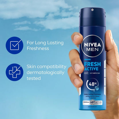 NIVEA Men Fresh Active Deodorant Spray, 48H Odour Protection Daily Freshness, Marine Fresh Fragrance with Lemon & Sandalwood Notes, Long Lasting Freshness, Body Spray & Underarm Deodorant, 150 ml
