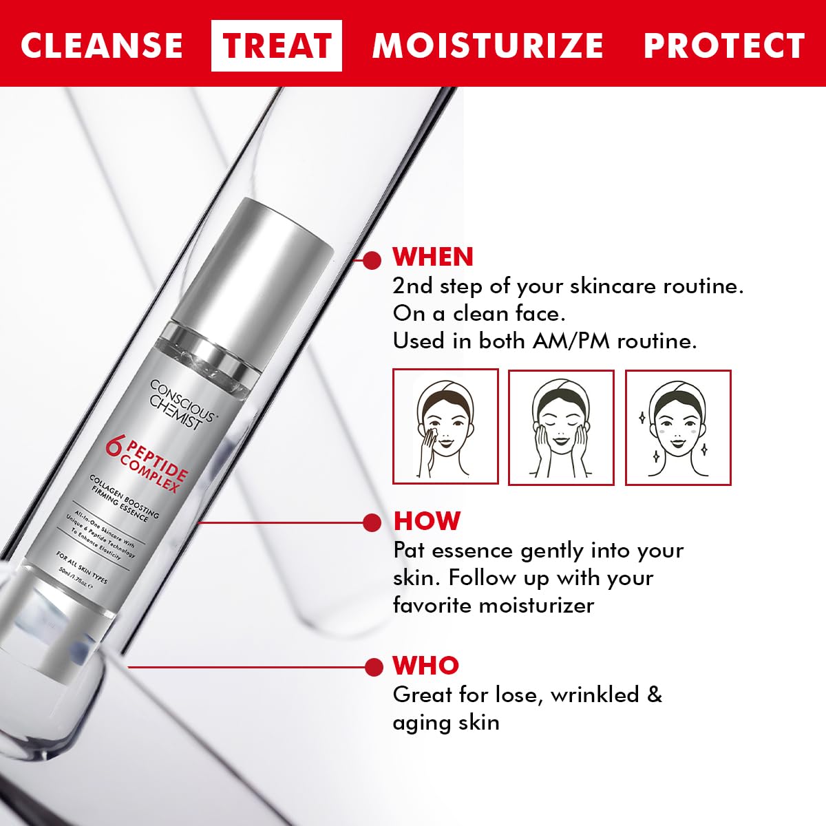Skincare product with usage instructions on a white background