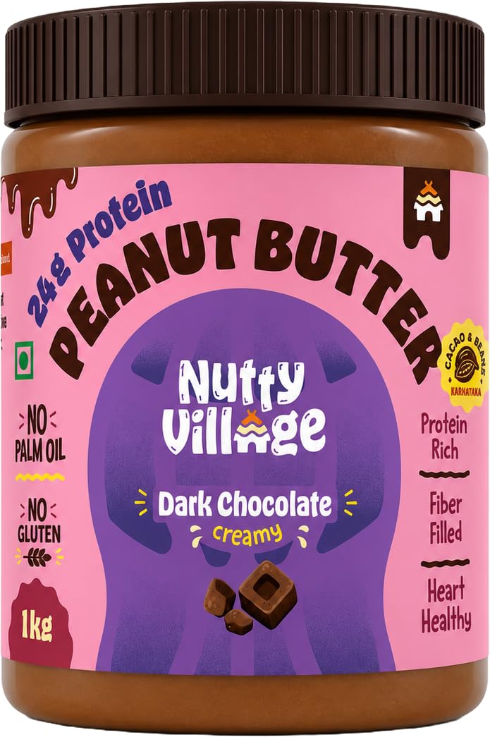 Nutty Village Dark Chocolate Peanut Butter Creamy | 24g Protein | Sweetened with Jaggery, Cacao Beans, No Refined Sugar, No Palm Oil | Vegan, & Gluten-Free Healthy Breakfast Spread