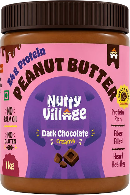 Nutty Village Dark Chocolate Peanut Butter Creamy | 24g Protein | Sweetened with Jaggery, Cacao Beans, No Refined Sugar, No Palm Oil | Vegan, & Gluten-Free Healthy Breakfast Spread