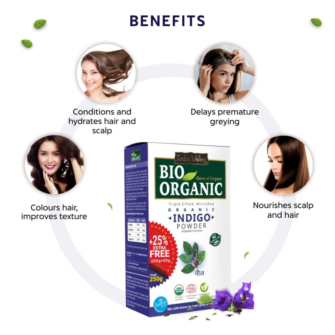 Bio Organic Indigo Powder packaging with benefits listed around it on a white background