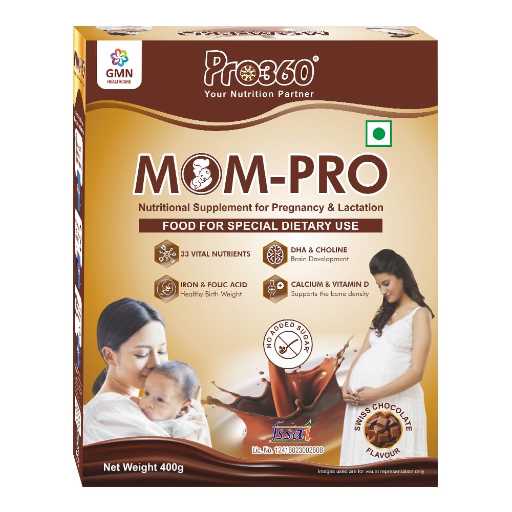 Pro360 MOM-Pro Protein Powder for Pregnant Women | 400gm Swiss Chocolate Flavour Nutrition for Pregnancy | Mother Protein Powder | Vital Nutrients to Support Baby Brain Development