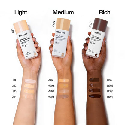 Three hands holding WishCare foundation bottles with color swatches on skin.