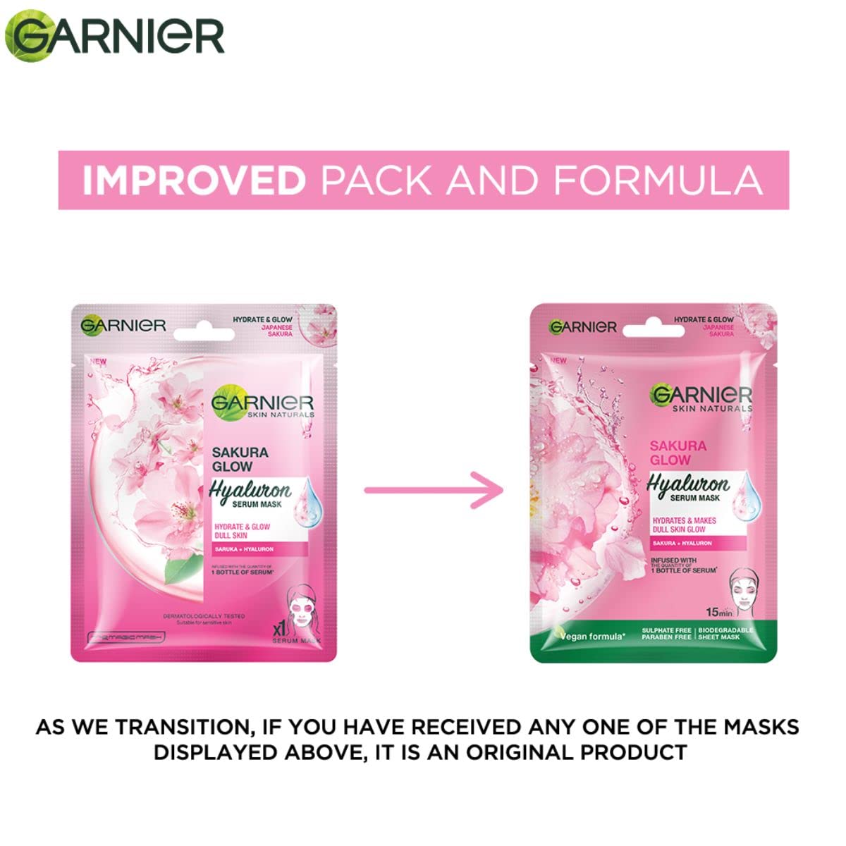 Garnier Sakura Glow Hyaluron face mask packaging comparison with improved design.